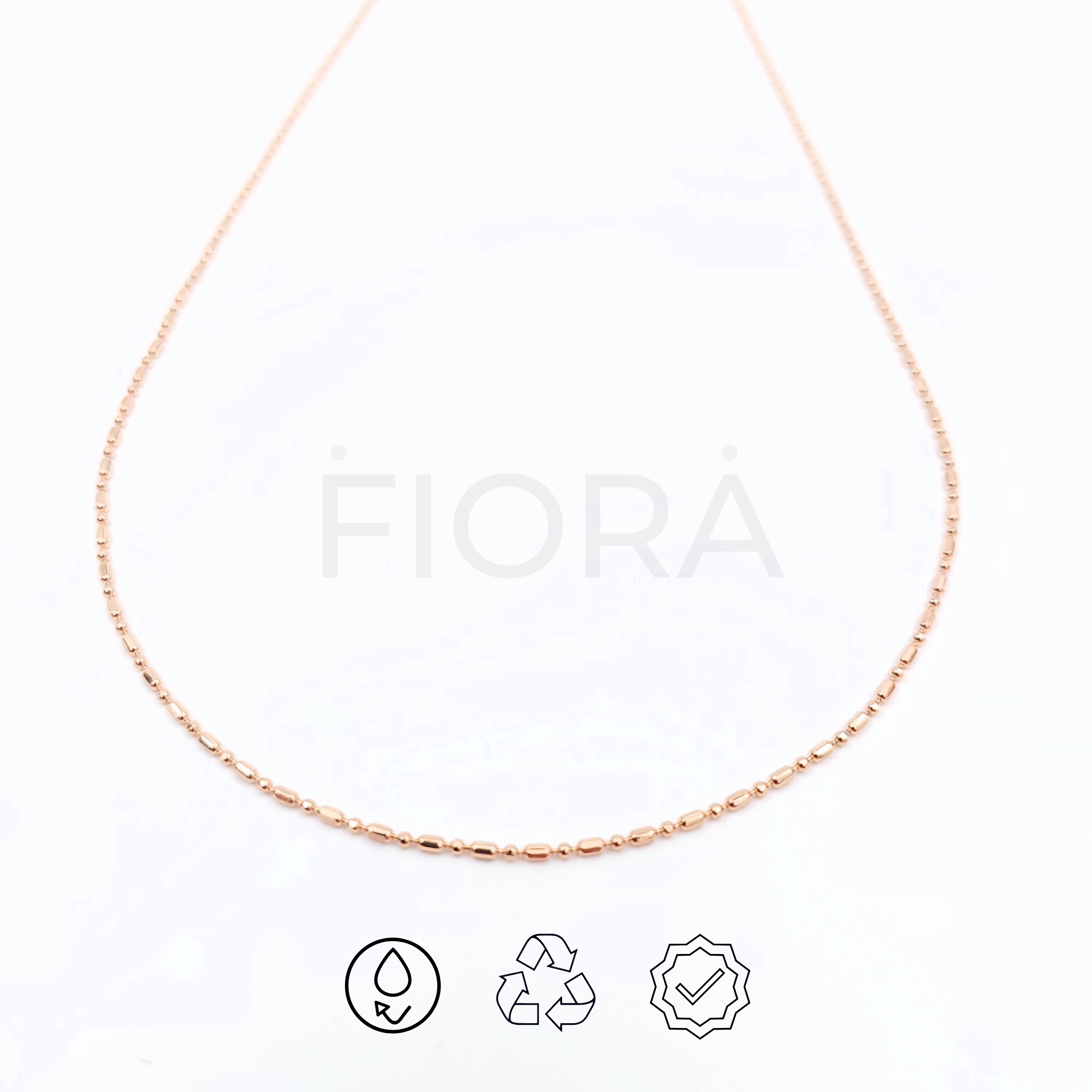 Solena rose gold-plated necklace for women. A delicate, eco-friendly fashion chain with timeless elegance. Model 1 and Model 2 available.