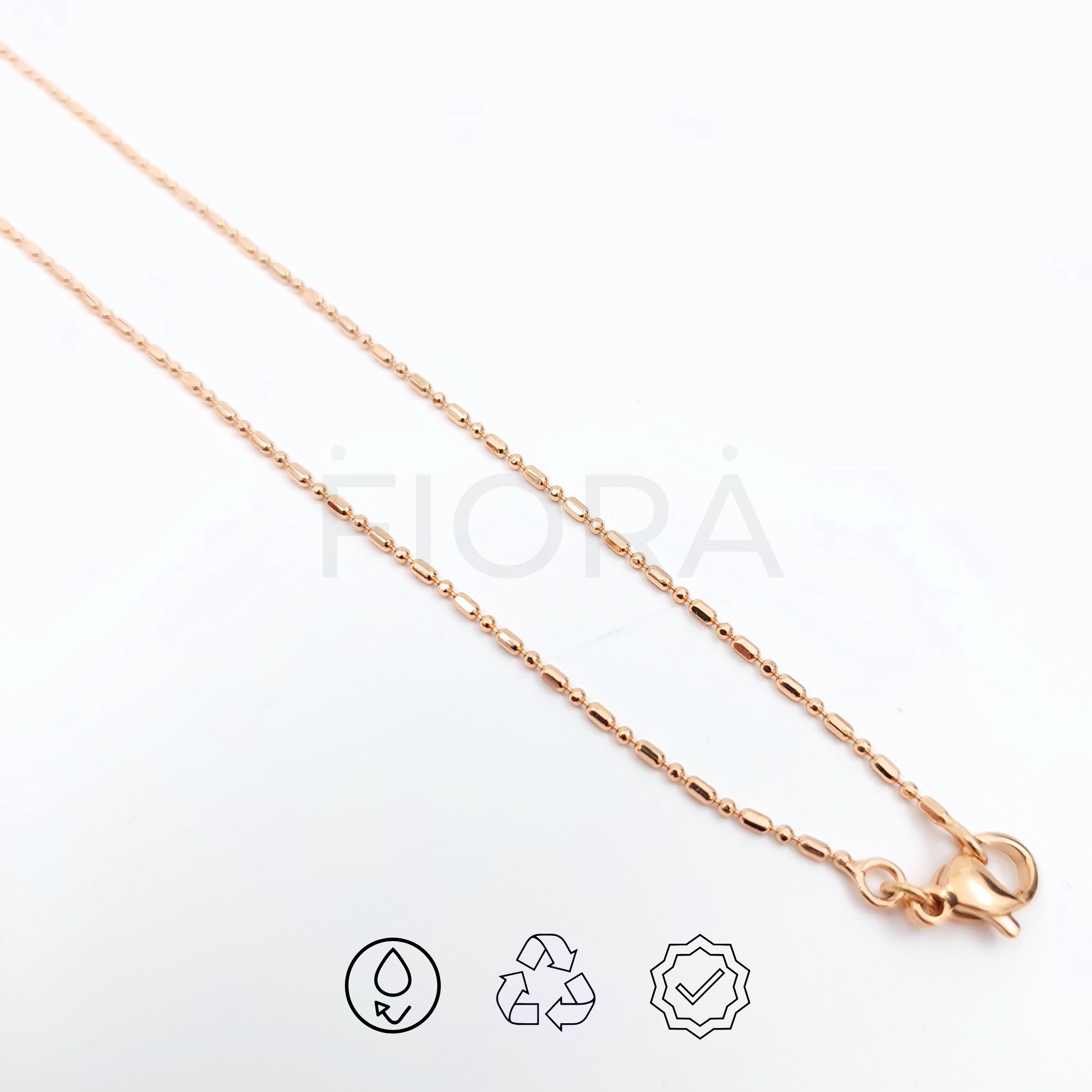 Solena rose gold-plated necklace for women. A delicate, eco-friendly fashion chain with timeless elegance. Model 1 and Model 2 available.