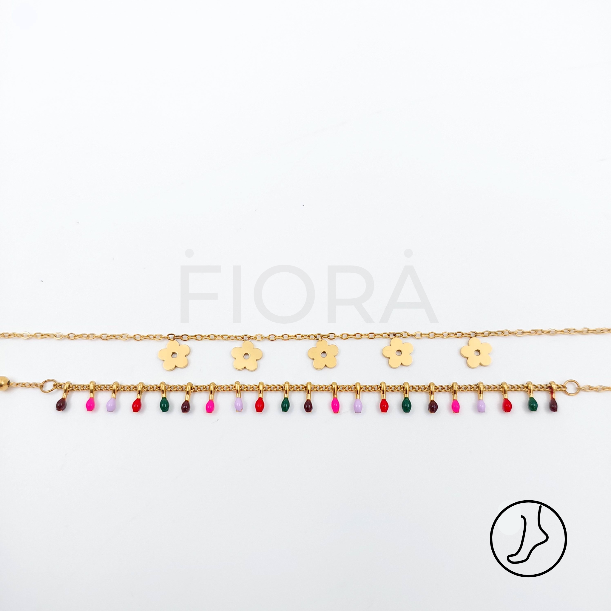 Floral motif gold anklet with double colorful chain.