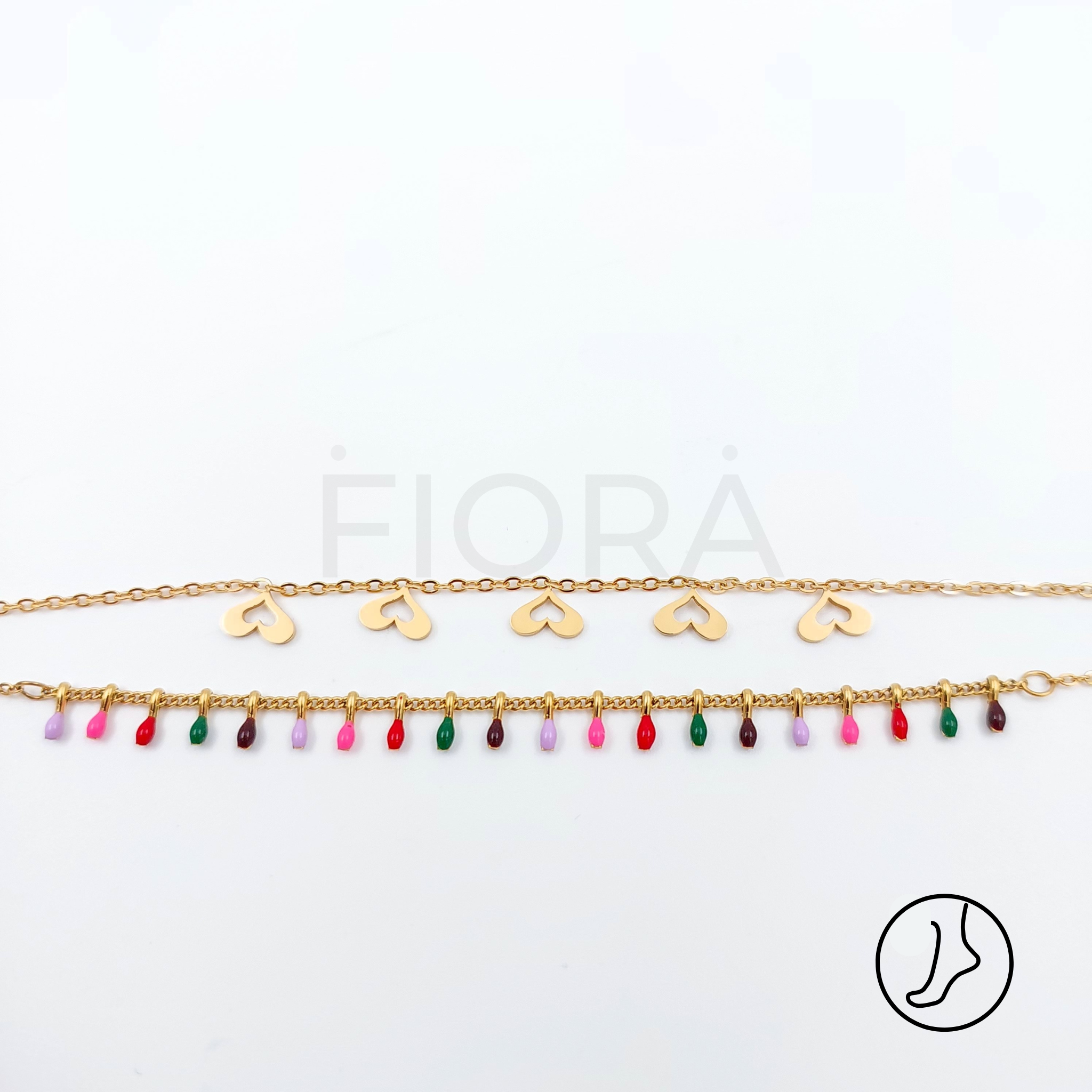 Double gold-plated anklet with heart charms and colorful beads.