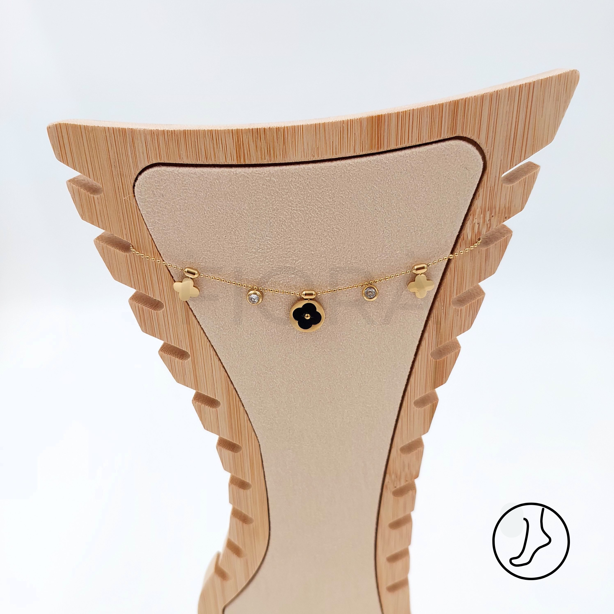 Gold stainless steel anklet with black flower and zircon.