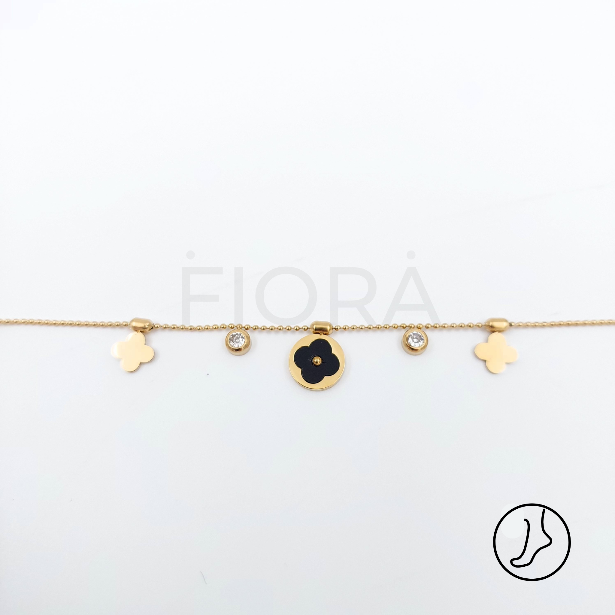 Gold stainless steel anklet with black flower and zircon.