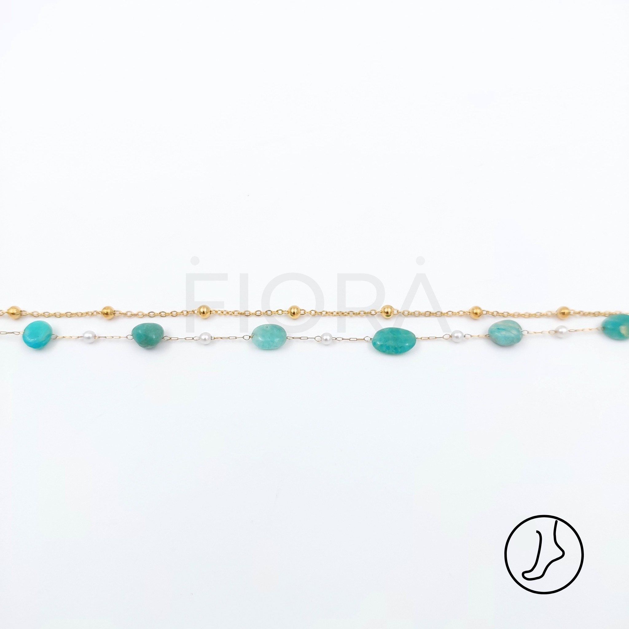 Gold-plated anklet with white pearls and turquoise accents for women.